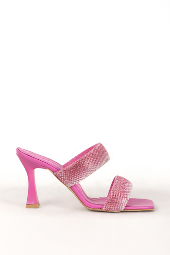 Dericlub Fuchsia Stone Double Banded Real Leather Women's Evening Dress Heeled Slippers - Zy 7719