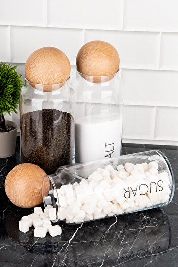 DNS HOME 1300ml Tea Candy Salt and Glass Storage Jar - 3Pcs Wooden Ball Lids with Clear Labels