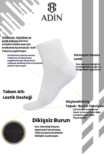 Adin Bambu Spor Tenis Kısa Konç Çorap Dikişsiz 12’lı (Burun Dikişsiz , Soft Yıkamalı)