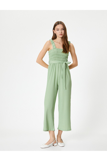 Koton Textured Elastic Jumpsuit - Thick Strap, Belt Detail, Wide Leg