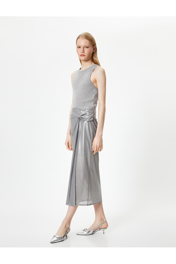 Koton Metallic Midi Skirt with Knot Detail and Normal Waist