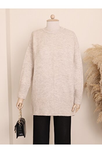 Modamorfo Winter Knitwear Tunic - Crew Neck, Hijab, Stone Color