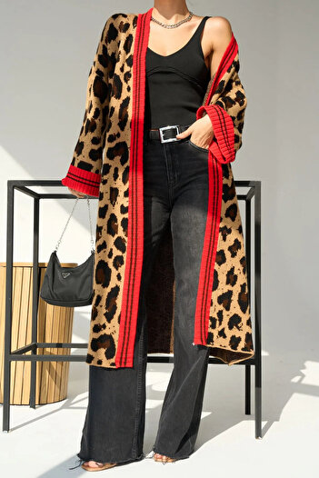 Lavanta Tekstil Women's Shawl Neck Leopard Print Stripe Long Cardigan