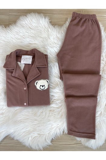 Pijamacs Mink Plush Teddy Bear Embroidered Front Button Fleece Pajamas Set