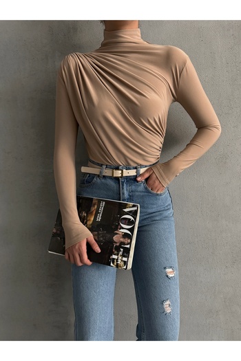 BEJNA Women's Mink Drawstring Detailed Stand Collar Sandy Blouse