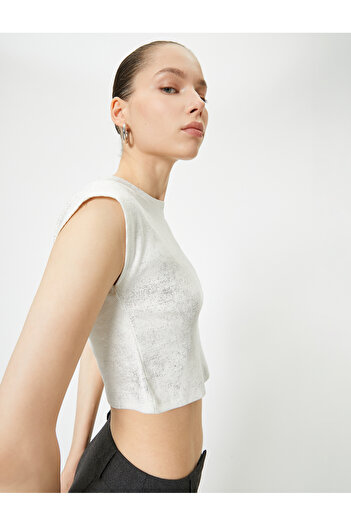 Koton Metallic Foil Printed Crop T-Shirt Sleeveless Crew Neck