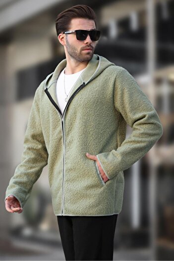 Madmext Green Zippered Plush Men's Cardigan E7080