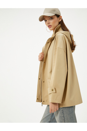 Koton Hip-Length Lined Hooded Short Trench Coat - Pocket and Zipper, Wind Cover