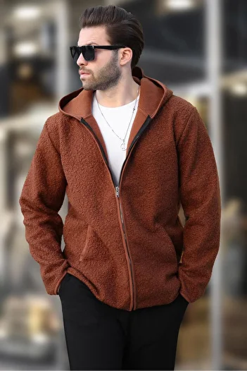 Madmext Brown Zippered Plush Men's Cardigan E7080