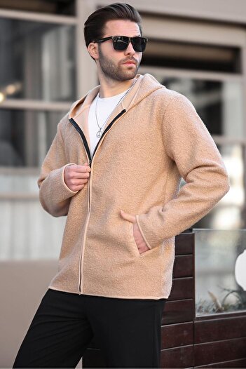 Madmext Beige Zippered Plush Men's Cardigan E7080