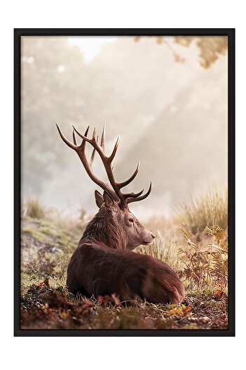 Postifull Red Deer Framed Painting, Black Frame and Poster, Vertical Wall Painting Comfort Series No:108351
