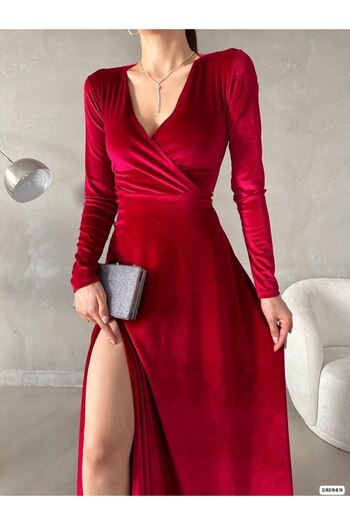 vuvutasarım New Season Velour Fabric Slip Long Sleeve Long Dress 725 581949