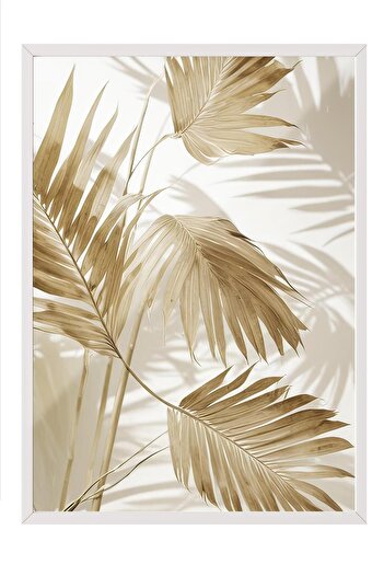 Postifull Palm Gold Framed Painting, White Frame and Poster, Vertical Wall Painting Comfort Series No:108380