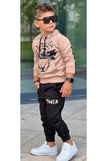 LaddyCo Tiger Printed 3 Thread Hooded Ecru Bottom-Top Boy's Set