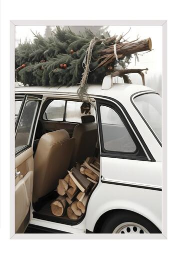 Postifull Holiday Car New Year Painting, White Frame and Poster, Vertical Wall Painting Comfort Series No:108473