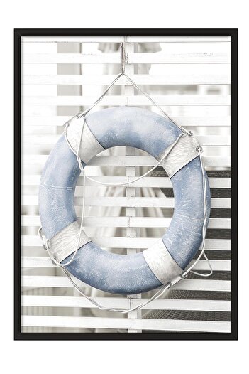 Postifull Blue Lifebuoy Framed Painting, Black Frame and Poster, Vertical Wall Painting Comfort Series No:108437