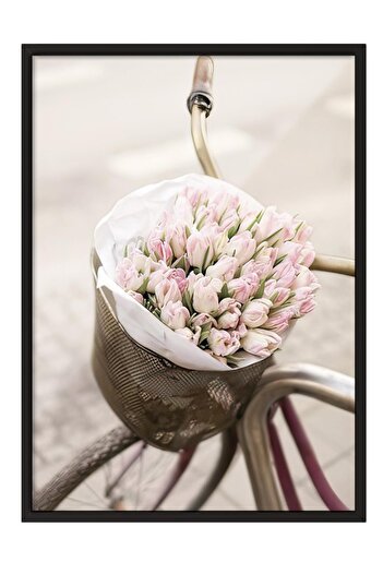 Postifull Pink Tulips on Bicycle Framed Painting, Vertical Wall Painting Comfort Series No:108387