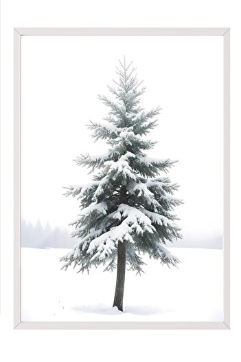 Postifull Snowy Spruce New Year Painting, White Frame and Poster, Vertical Wall Painting Comfort Series No:108474