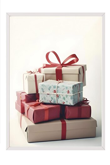 Postifull Pile of Presents New Year Painting, White Frame and Poster, Wall Painting Comfort Series No:108476
