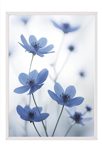 Postifull Blue Cosmos Flower Framed Painting, White Frame and Poster, Wall Painting Comfort Series No:108373
