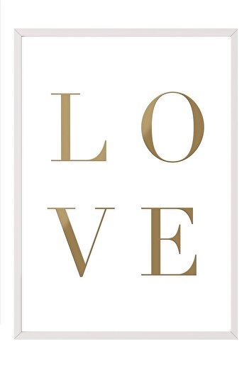 Postifull Gold Love Framed Painting, White Frame and Poster, Vertical Wall Painting Comfort Series No:108381