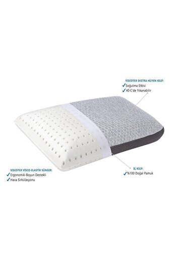 VİSCOTEX Doğal Lif Kılıflı Hava Kanallı Boyun Destekli Visco Ortopedik Yastık 60x40x13 Cm, Gri