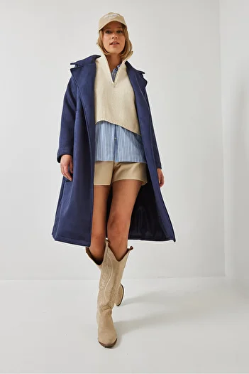 Bianco Lucci Women's Double Breasted Collar Belted Pocket Detailed Cashmere Coat 2606 60451017