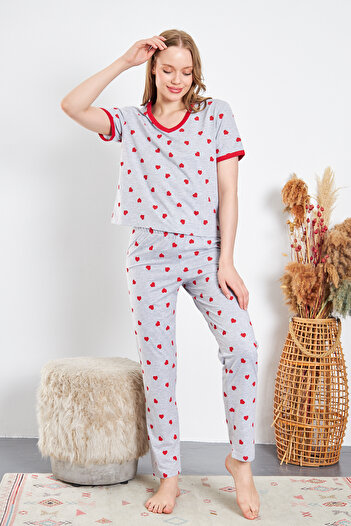 ESPİNA Women's Metraj Printed Cotton Knitted Heart Pajama Set