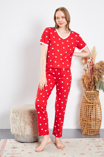 ESPİNA Women's Metraj Printed Cotton Knitted Heart Pajama Set