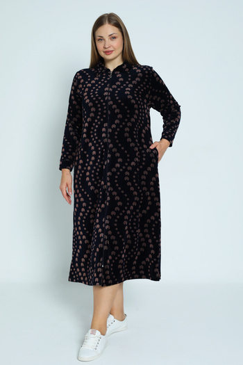 İntensive Women's Plus Size Navy Blue Zipper Pocket Long-Sleeved Cotton Velvet Long Dress