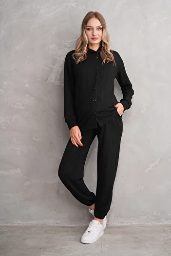 Miss Dünya Lissa Pregnant and Maternity Bottom-Top Suit with Front Button Hood Corded Twist Fabric Pockets and Elastic Legs