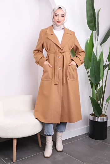 İmajButik Camel Dry Breasted Collar Pocketed Cashmere Coat