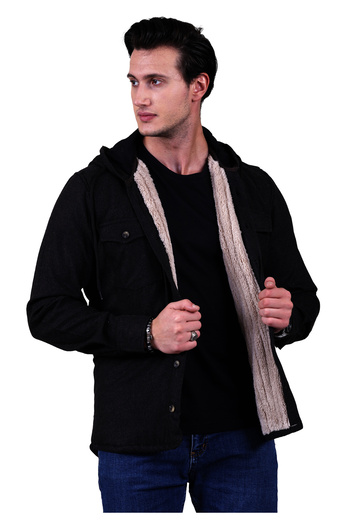 Exve Exclusive Anthracite Gray Single Color Plain Plain Hooded Wool Fur Inside Winter Woodcutter Jacket Shirt