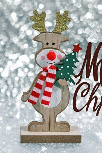 Sole Christmas Ornament Decorative - Deer Figure with Glitter Horn, Pine Tree and Wooden Scarf - 15C