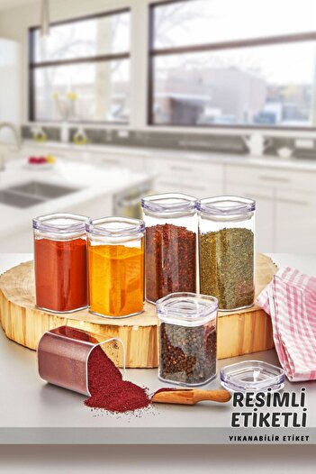 Comprox 6-Piece Acrylic Vacuum Square Spice Bowl Set with Illustrated Label 300 Ml - Leak Proof Spice Bowl Set