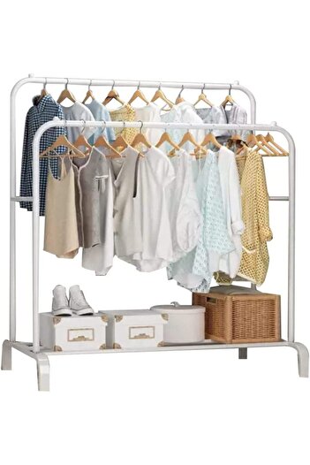 Generic Clothing Double Rod Garment Rack with Shelves White