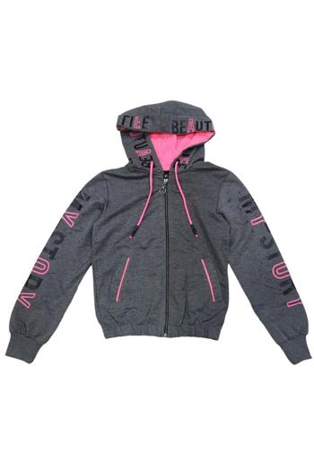 İrem Çocuk Giyim Girl - Dark Gray Cardigan with Text Pattern, Text Pocket and Hood