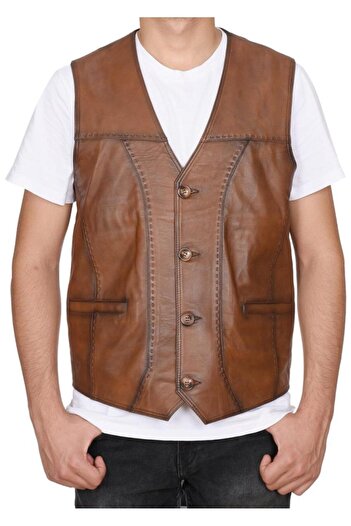 Sanalbolluk Punto Stitched Tan Color Sports Leather Vest