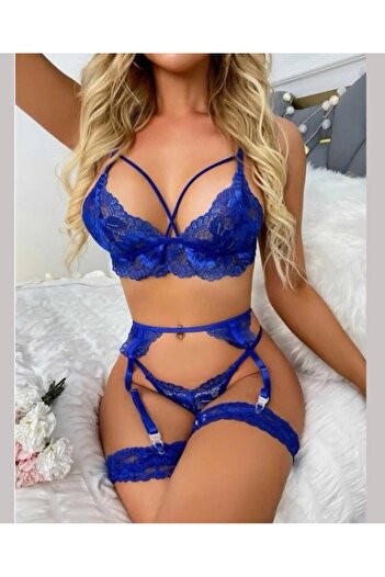 İntive Lingerie Costum cu jartieră Lily Bianca Saks cu accesorii pentru picioare din dantelă albastră -156