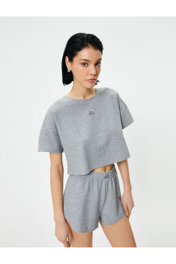 Koton Crop Pajamas Top Short Sleeve Crew Neck Label Detailed Textured