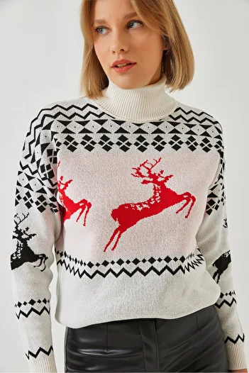 Bianco Lucci Women's Turtleneck Sweater with Deer Pattern 20246224