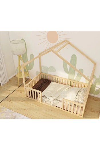 BRK Design Montessori Bebek Ve Çocuk Karyolası Doğal Ahşap Yatak 130x70 Çatılı Ayaksız