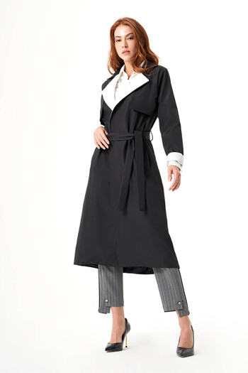 Mizalle Black-Stone Trench Coat with Collar Garnish