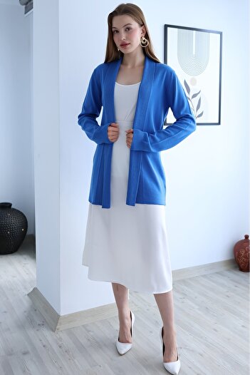 VEGENZE Women's Blue Corded Long Cardigan