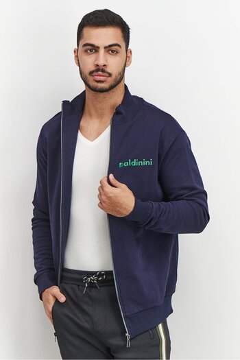 Baldinini Men High Neck Full Zip Long Sleeve Sweatashirt, Navy and Green