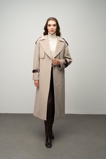 Olcay A.Kamel 3031-K - Real Leather Cashmere Coat with Accessories and Cape Detail