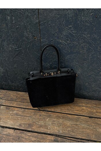 minebag Despina Black Faux Suede Women's Shoulder Bag - Belt Detailed