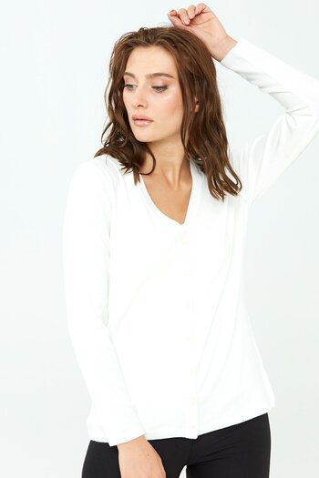 Desen Triko Women's Lycra Basic Long Sleeve V-Neck Cardigan Bone