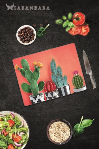 Saban 30X40 cm Glass Cutting Board with Cactus Pattern