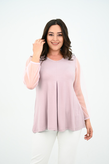 Koza Butik Γυναικεία μπλούζα με πλισέ V λαιμόκοψη με λεπτομέρειες από τούλι 1857-25